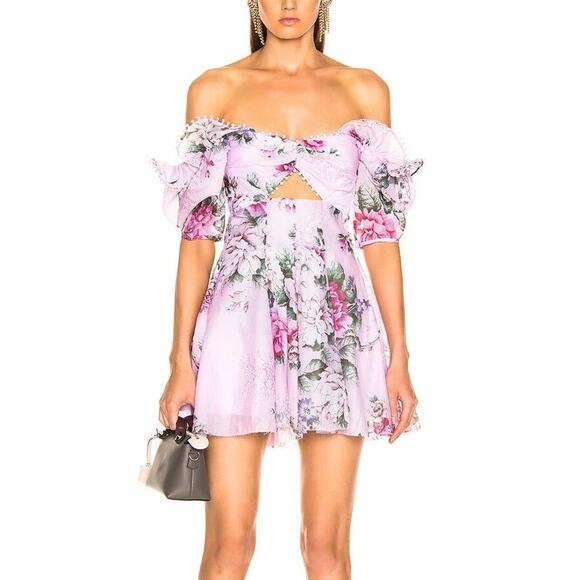 Alice McCall Peony Floral Puff Sleeve Cutout Off The Shoulder Mini Dress - Picture 1 of 12